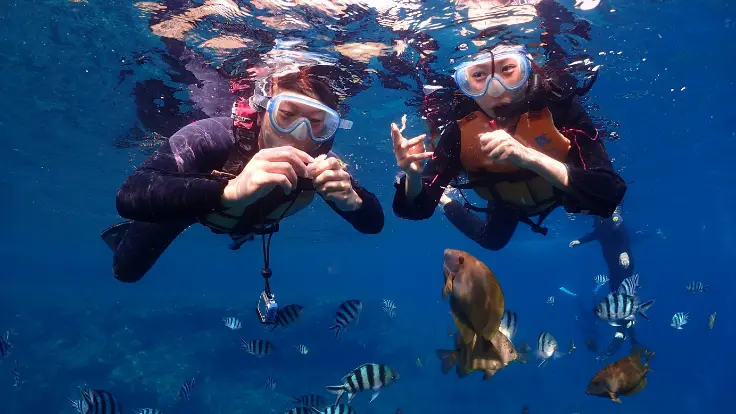 沖縄の真栄田岬でシュノーケリングを楽しむ様子。熱帯魚が多く生息しており、色鮮やかな魚と一緒に泳げる人気スポット。