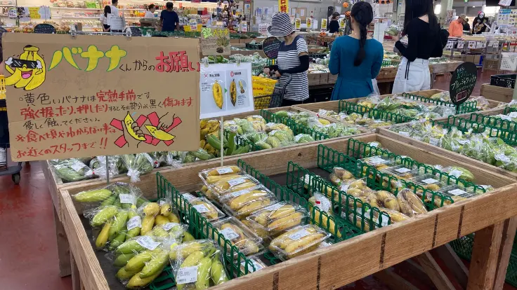 ファーマーズマーケットの果物コーナー。島バナナが並び、甘みが濃く小腹満たしにもぴったり