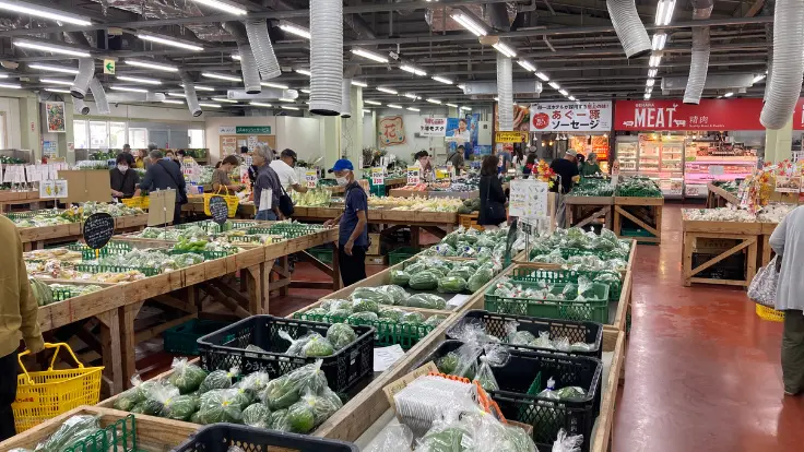 ファーマーズマーケットの野菜売り場。朝どれの島野菜や果物が並び、地元の人にも観光客にも人気