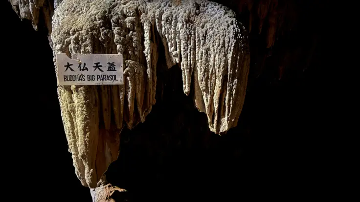 鍾乳洞・日秀洞内の大仏天蓋と呼ばれる鍾乳石の一部。仏像の笠のような形状が目を引く風景。