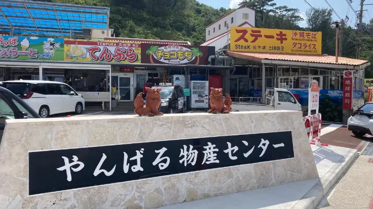 道の駅許田の看板と入口の様子。沖縄自動車道の北部終点にあり、北部観光の出発前に立ち寄れる人気スポット。