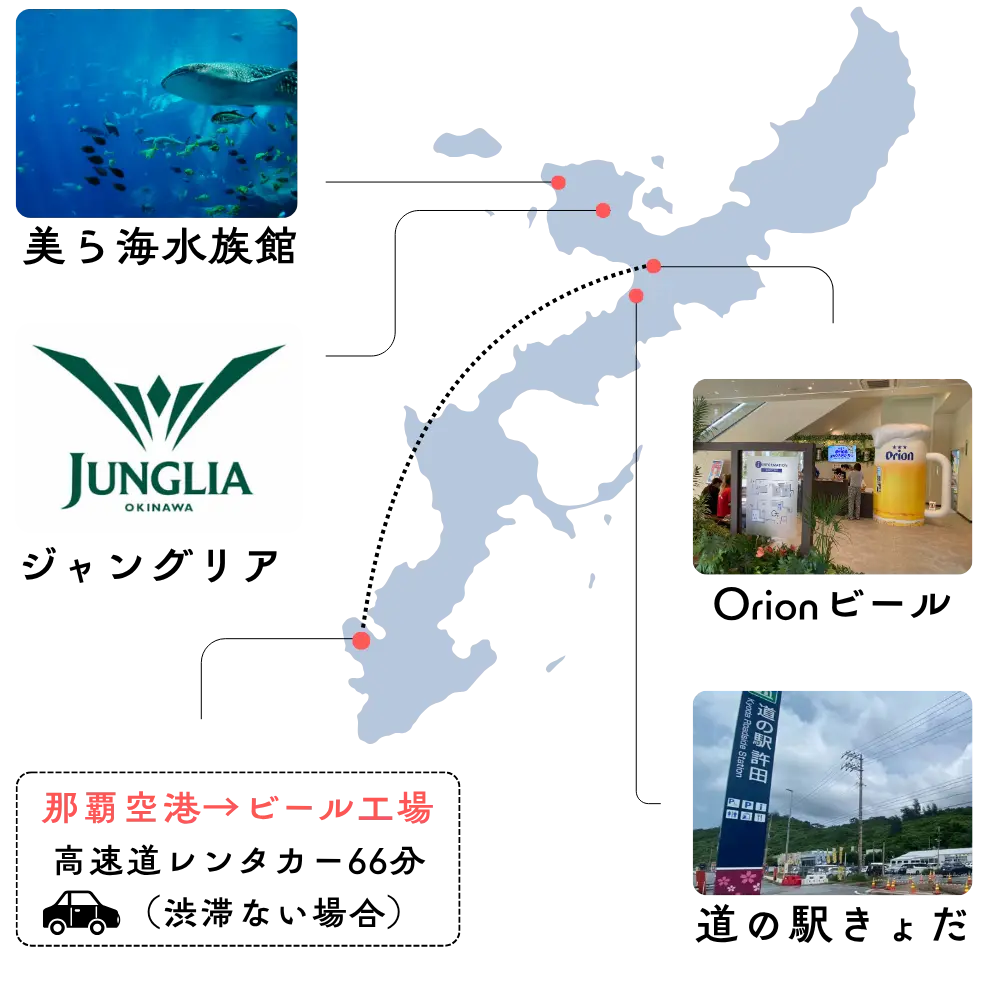北部名護周辺の観光マップ ジャングリア、美ら海水族館、許田道の駅などの案内図