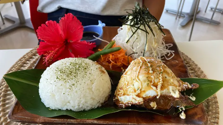 ジューシーなアグー豚のハンバーグがのったロコモコプレート。たっぷりのグレービーソースと目玉焼きが食欲をそそる。