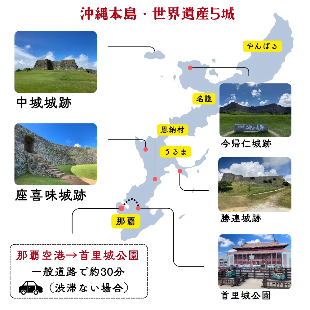 沖縄本島・世界遺産5城シリーズ 各グスクの位置マップ