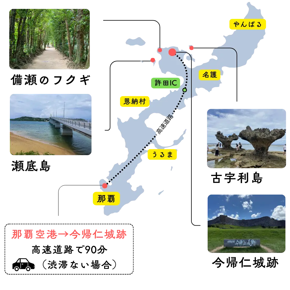 今帰仁城跡周辺観光マップ 古宇利島/瀬底島/備瀬のフクギ並木 那覇から今帰仁城跡まで約90分（高速渋滞なし）