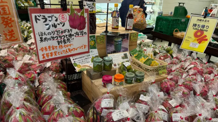 ドラゴンフルーツの赤果肉と白果肉。カット面が鮮やかで、写真映えする南国フルーツ。