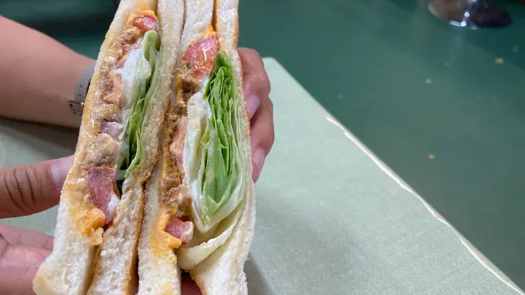 おんなの駅のテイクアウトグルメ『タコスサンド』。片手で食べやすくドライブの小腹満たしに最適。