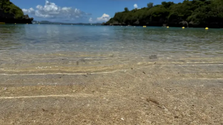 伊計ビーチの波打ち際では、白い珊瑚や小さな貝が散らばり、自然の美しさを感じられる。