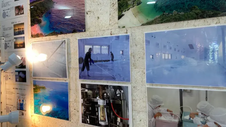 ぬちまーす工場で塩づくりの工程をモニターやパネルでわかりやすく説明している展示スペース