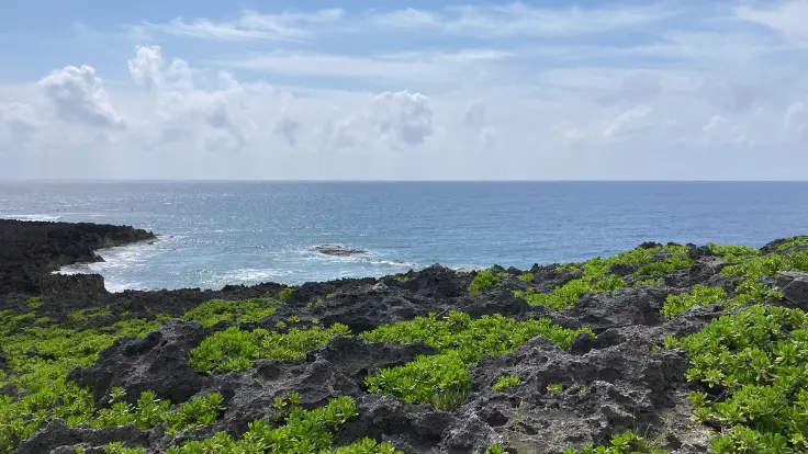 残波岬に打ち寄せる白波と、岬の上に広がる緑の風景。自然の力強さとやさしさが同時に感じられる。