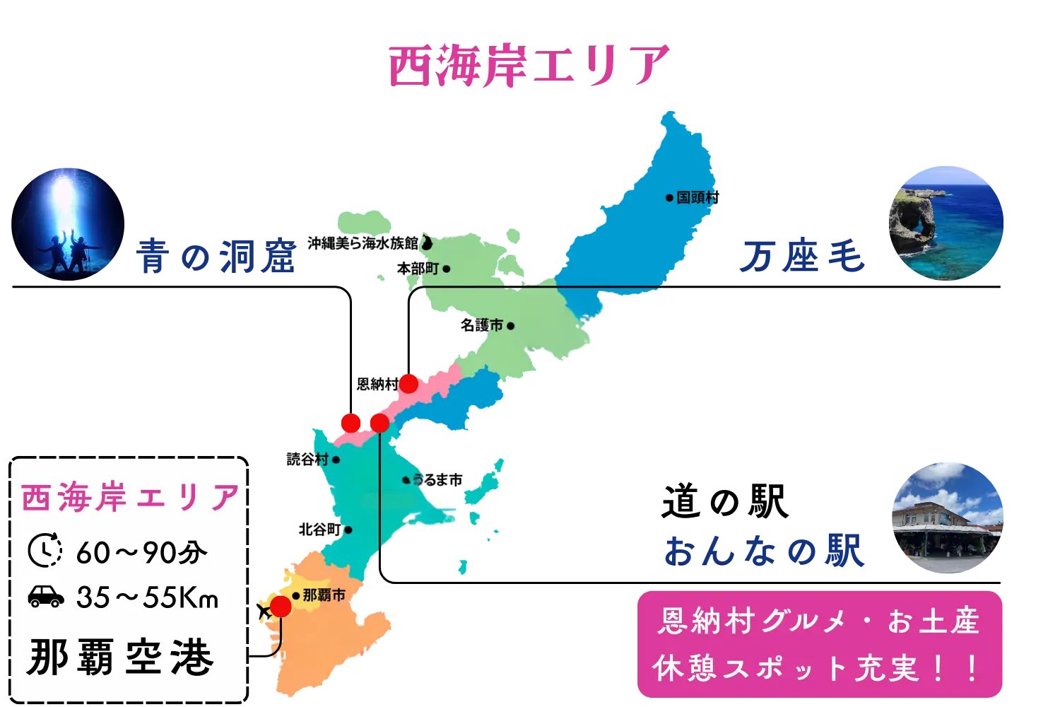西海岸エリアの地図（万座毛・青の洞窟など）