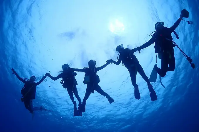 真栄田の青い海をバックに、水面をゆっくり移動するシマハロの体験ダイビングツアー