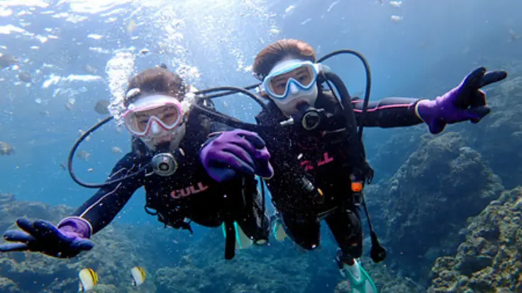 クレアダイビングの体験ダイビングで沖縄のサンゴ礁を楽しむ様子