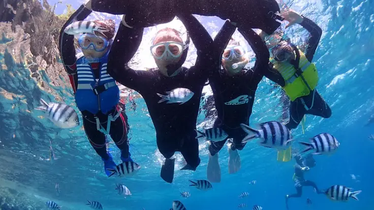 真栄田の海でシマハロマリンサービスの貸切シュノーケルを楽しむ様子